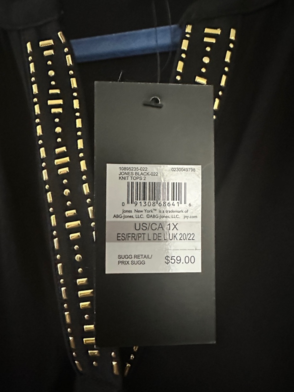 Jones New York Black Gold Embellished V Neck Blouse Size 1X - Picture 7 of 8